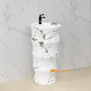undefined-Ceramic White Pedestal Wash Basin Code34141 (440x440x840mm, Glossy)
