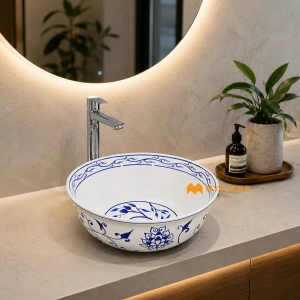 undefined-Imperial Ming Floral Glossy White Ceramic Table Top Wash Basin Code38838