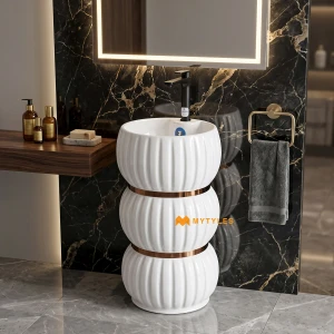 undefined-White Stacked Orb Fluted Glossy Pedestal Wash Basin Code40517