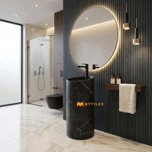 undefined-Minimalist Matt Black Marble-Look Monolithic Pedestal Wash Basin Code40499