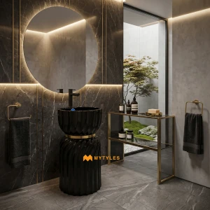 undefined-Glossy Black Hourglass Spiral Fluted Pedestal Wash Basin Code39624
