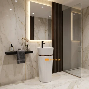 undefined-Gold Ring White Fluted Glossy Pedestal Wash Basin Code39621