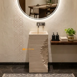 undefined-Artificial Stone Beige Pedestal Wash Basin Code35281 (410x410x860mm, Matt)
