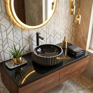 undefined-Round Fluted Black Glossy Ceramic Table Top Wash Basin Code40520