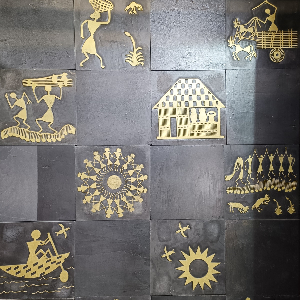 undefined-Black Stone Warli Art Mural MYTMU031 Decor Code26321  (300x300mm, Rustic)