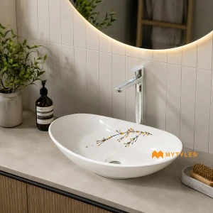 undefined-Zen Blossom Asymmetric Glossy White Ceramic Table Top Wash Basin Code39476