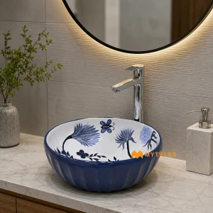 undefined-Indigo Sumie Abstract Glossy Blue Ceramic Table Top Wash Basin Code39480