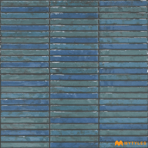 Geometric Tiles-Ceramic Blue Kitkat Mosaic Wall Tile Code27559 (300x600mm, Glossy)