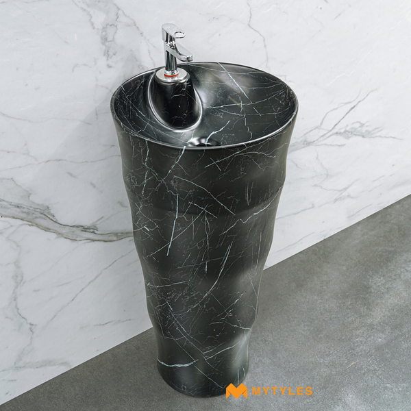 Pedestal Wash Basin-Black Marble Design Pedestal Wash Basin Code29120 (31x17 Inch, Matt)