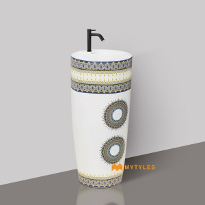 undefined-Ceramic White Pedestal Wash Basin Code34144 (375x375x850mm, Glossy)