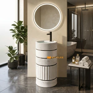 undefined-Pure White Cylindrical Segmented Matt Pedestal Wash Basin Code40513