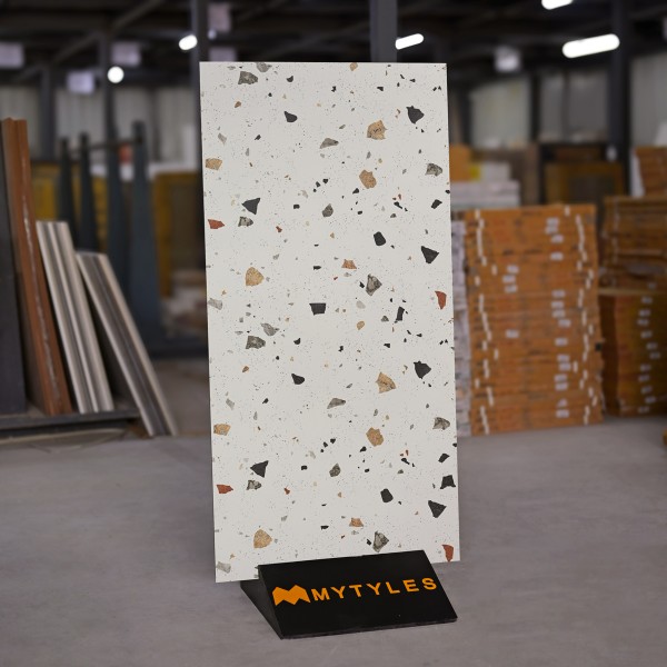 Glazed Vitrified-White Vitrified Terrazzo Slab Tile Code17674 (600x1200mm, Matt)