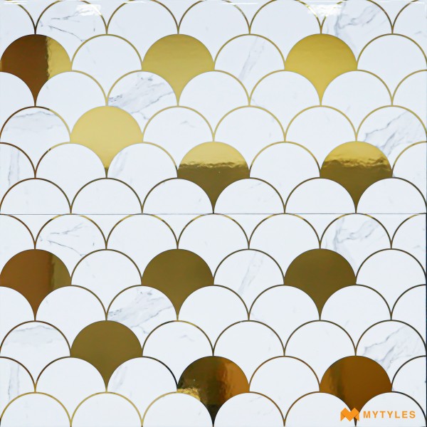 Metallic Tiles-Ceramic White and Gold Highlighter Wall Tile Code31204 (300x600mm, High-Glossy)