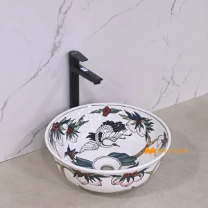 undefined-Vedic Flora White Glossy Ceramic Table Top Wash Basin Code39971