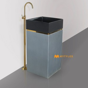 undefined-Artificial Stone Gray Pedestal Wash Basin Code35279 (400x400x870mm, Matt)