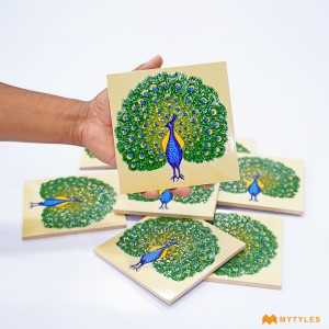 undefined-Decorative Green Peacock Designer Tile Code30361 (150x150mm, Glossy, 4pc in box)