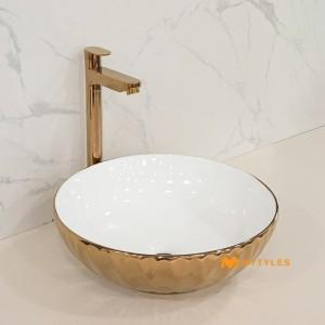 undefined-Ceramic White and Gold Designer Wash Basin Code33571 (400x400mm, Metallic)