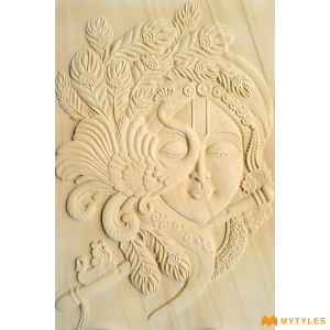 undefined-Customised Krishna Face with Peacock Feather Stone Mural (3x5Feet,Teak Sandstone