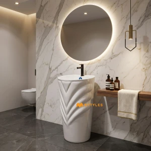 undefined-White Chevron Embossed Glossy Pedestal Wash Basin Code40518