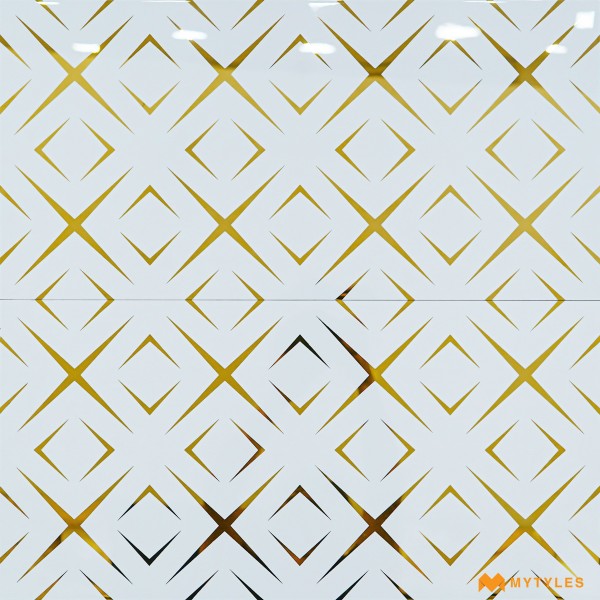 Metallic Tiles-Ceramic White and Gold Highlighter Wall Tile Code29237 (300x600mm, Metallic)