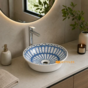 undefined-Riad Geometric Moroccan Glossy Blue Ceramic Table Top Wash Basin Code38844
