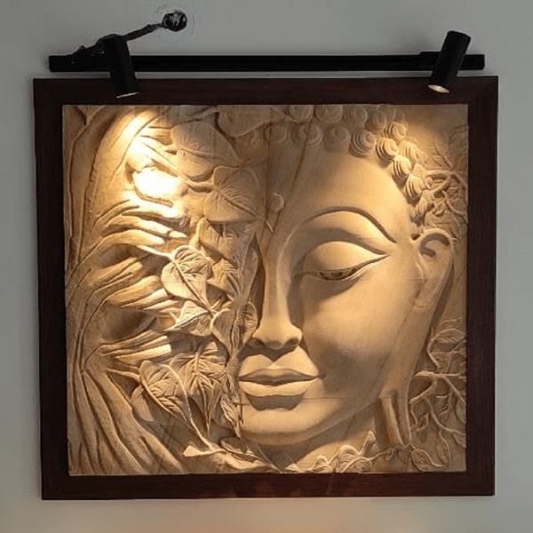 Buddha Tiles And Stones-Teak Sandstone Buddha Mural Code12472 (3x3 Feet, 50mm Thickness)