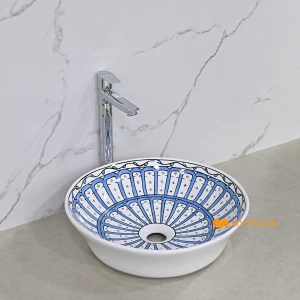 undefined-Riad Geometric Moroccan Glossy Blue Ceramic Table Top Wash Basin Code38844