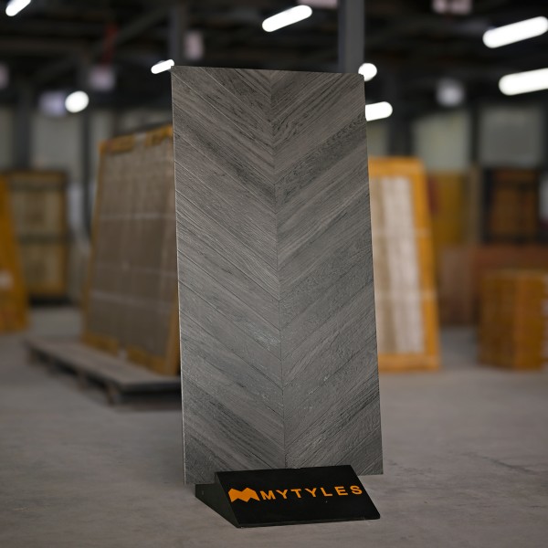 Wooden Tiles-Gray Chevron Pattern Wooden Floor and Wall Tile Code25145 (600x1200mm, Matt)