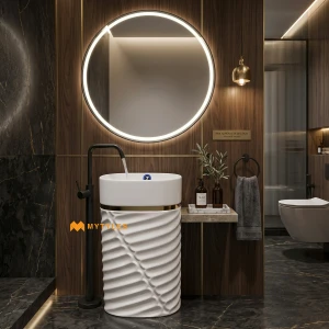 undefined-White Oval Leaf Textured Glossy Pedestal Wash Basin Code39622