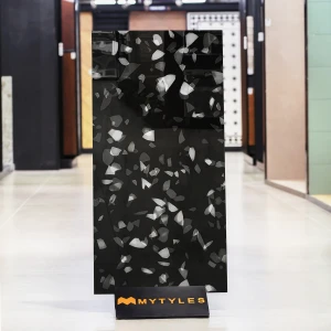 undefined-Vitrified Black Terrazzo Floor and Wall Tile Code37460 (600x1200mm, High-Glossy)