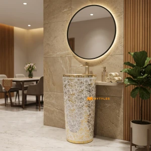 undefined-Ceramic White Pedestal Wash Basin Code35276 (390x390x830mm, Glossy)